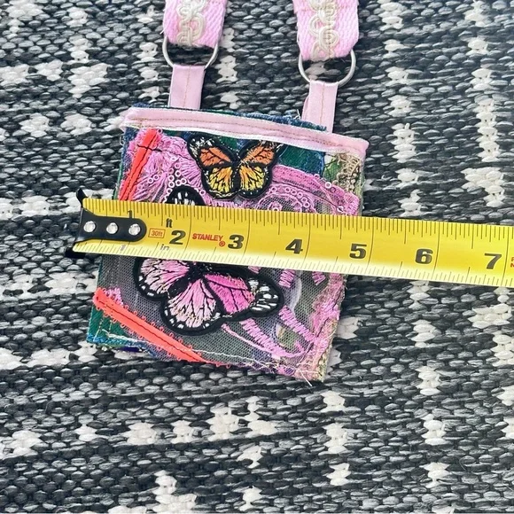 Fabric Collage Wallet Hand Crafted Pink and Black Butterfly Bag Purse Necklace - Picture 3 of 10